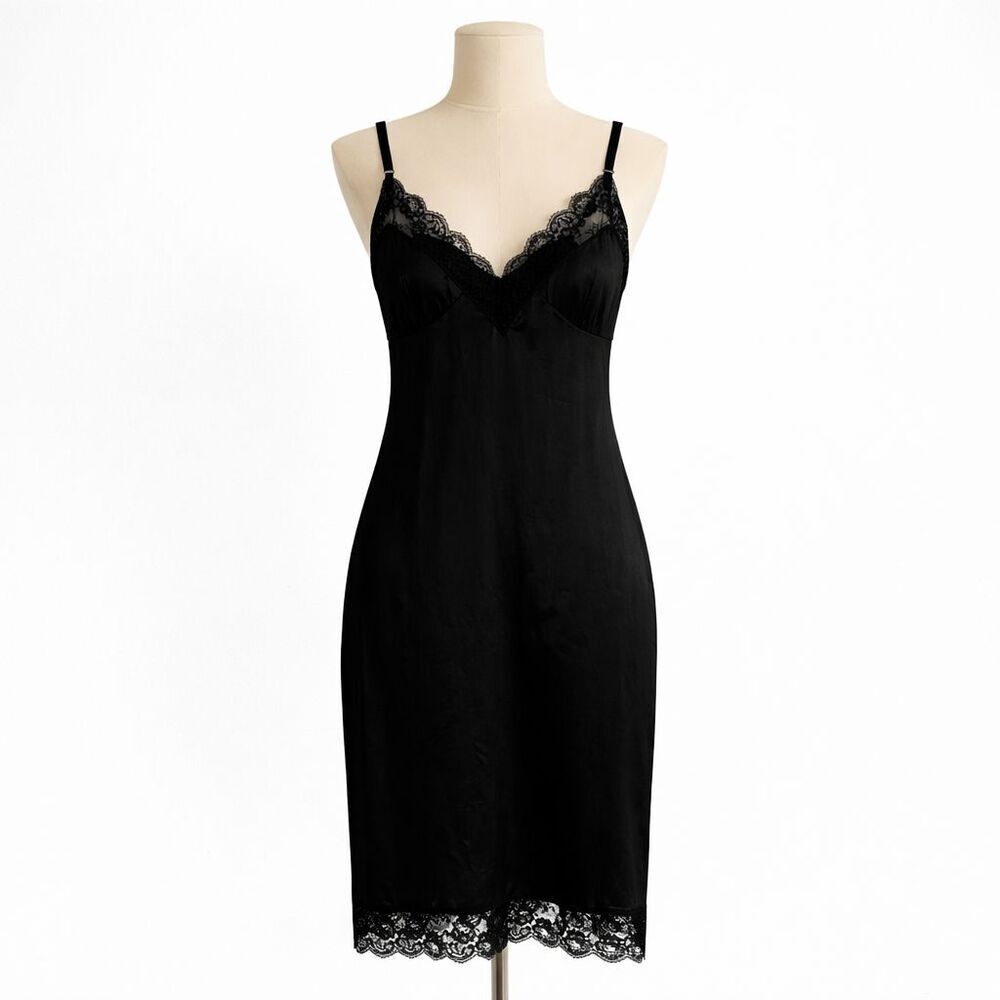 Vintage Sliperfection Slip Dress Size 38 Black Lace Trim Adjustable Straps Sexy